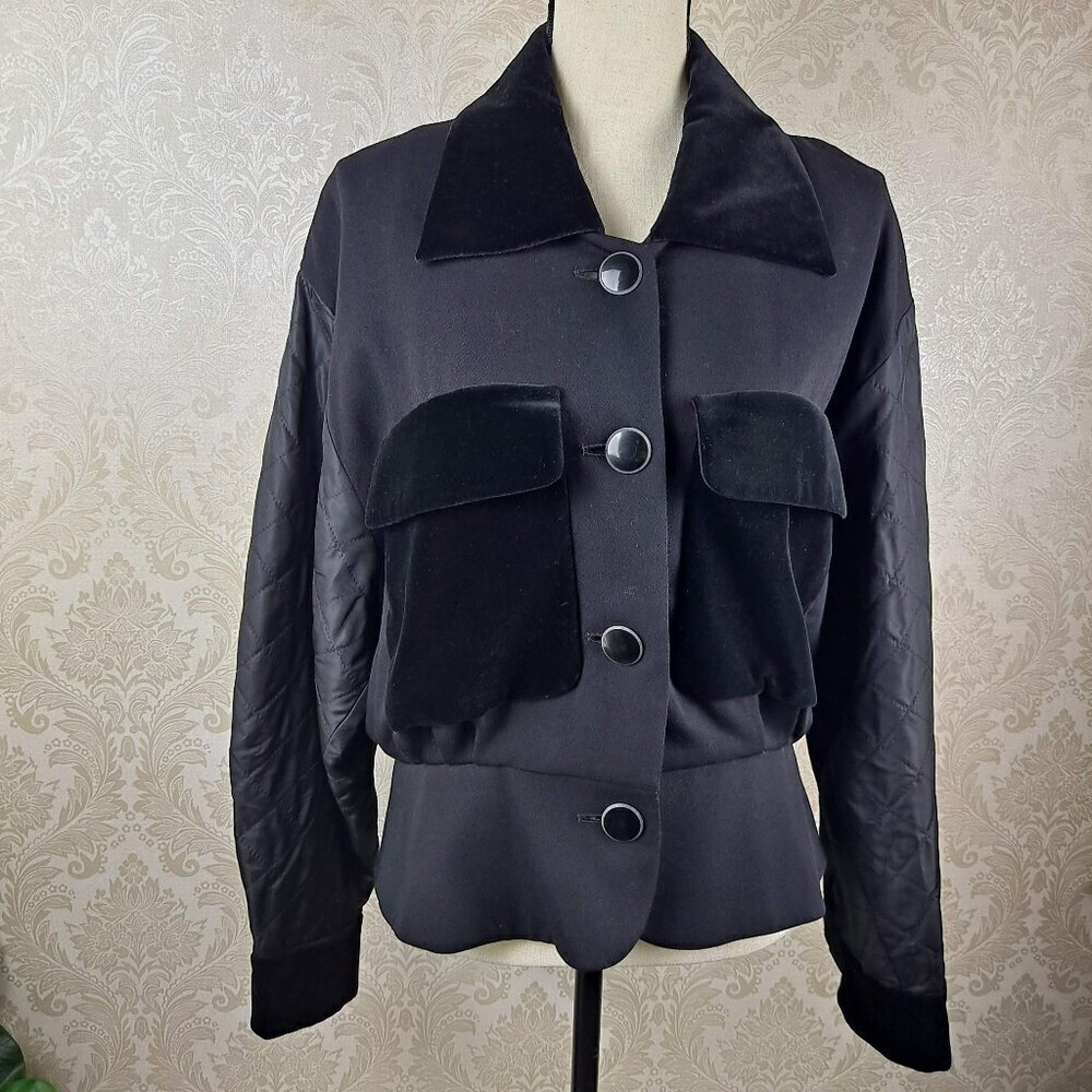 Laurel EU Size 42 (US 12) Black Button Front Jacket Velvet Trim Embroidery Wool